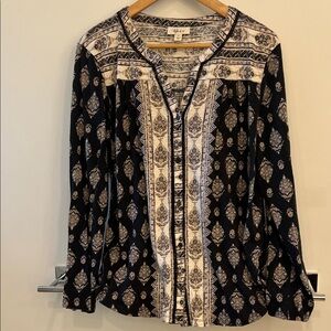 Style & Co. Black and White Printed Button-Front V-Neck Shirt